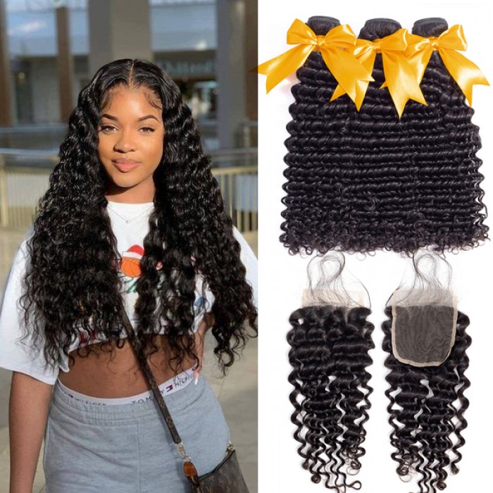 Deep Wave Bundles With Closure Human Hair 