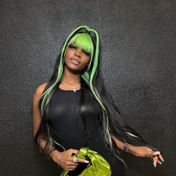 Skunk Strip Green Black Color Straight Lace Front Wig | BGMGirl