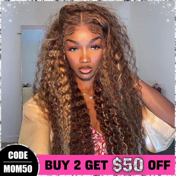 Brown Highlight Deep Wave Wear & Go Glueless180% HD Lace Closure Color Wig 