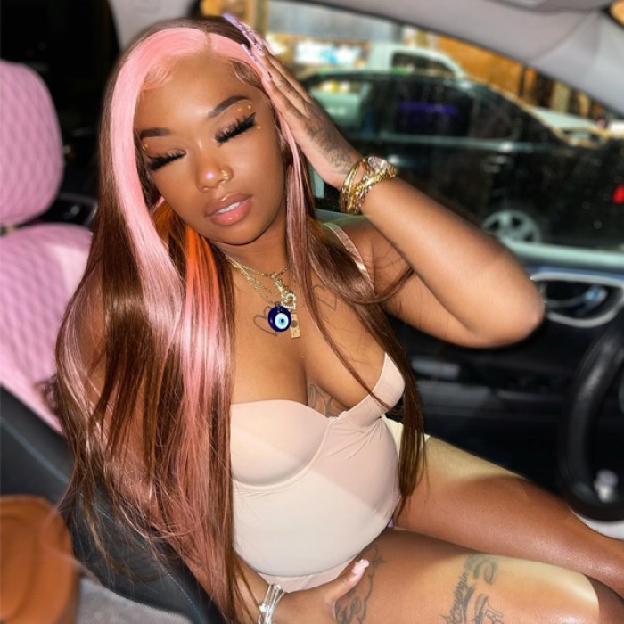 SKunk Stripe Pink & Brown Straight Color Lace Front Wig | BGM Hair
