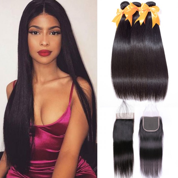 Straight Bundles With Closure Hair Extensions