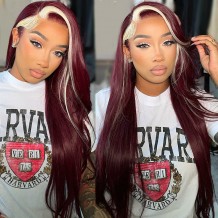 Skunk Strip Burgundy & 613 Honey Blonde Color Straight Lace Front Wig | BGM Hair