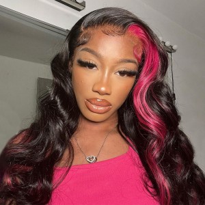 Skunk Stripe Pink Straight Colored Lace Front Wig | BGM Hair