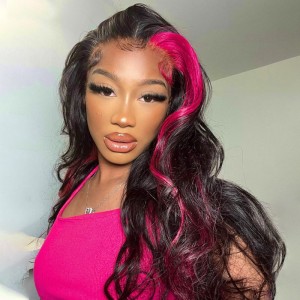 Skunk Stripe Pink Straight Colored Lace Front Wig | BGM Hair